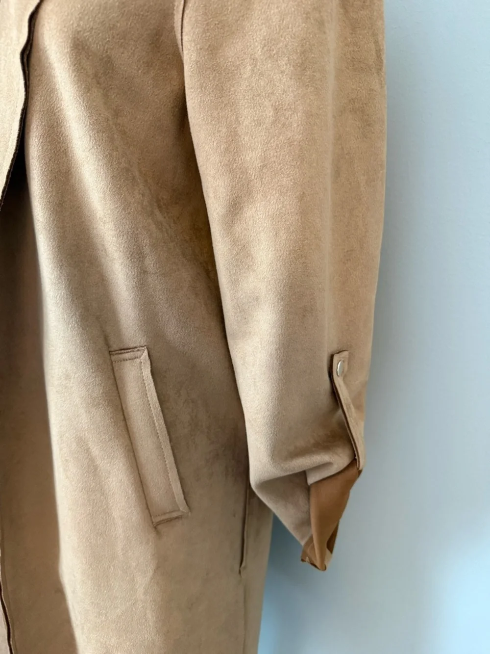 Tahari Faux Suede Trench Coat Tan Open Front Duster Jacket Minimalist Chic - Picture 4 of 7